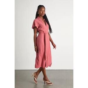 Lulus Italian Summer Rusty Rose Linen Button-up Short Sleeve Dress Pink - Size S